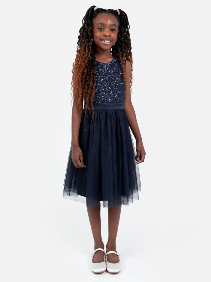 Mini Maya Marineblaues, zartes Pailletten-Midikleid mit Schleife