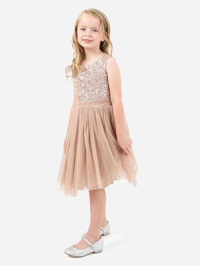 Mini Maya Taupe Blush Zartes Pailletten-Midikleid mit Schleife