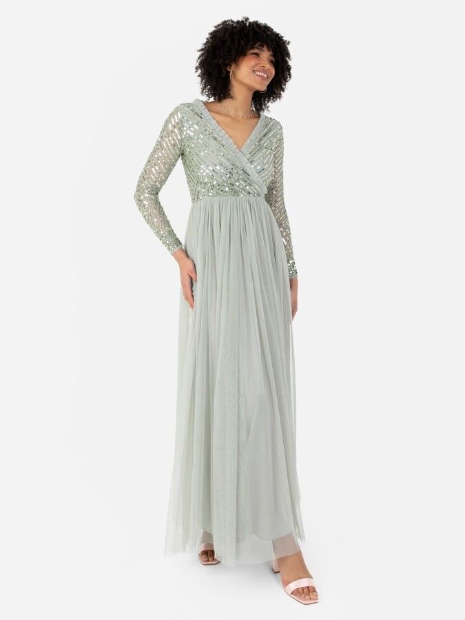 Vestido largo con corpiño cruzado falso y adornos de rayas verde salvia Maya