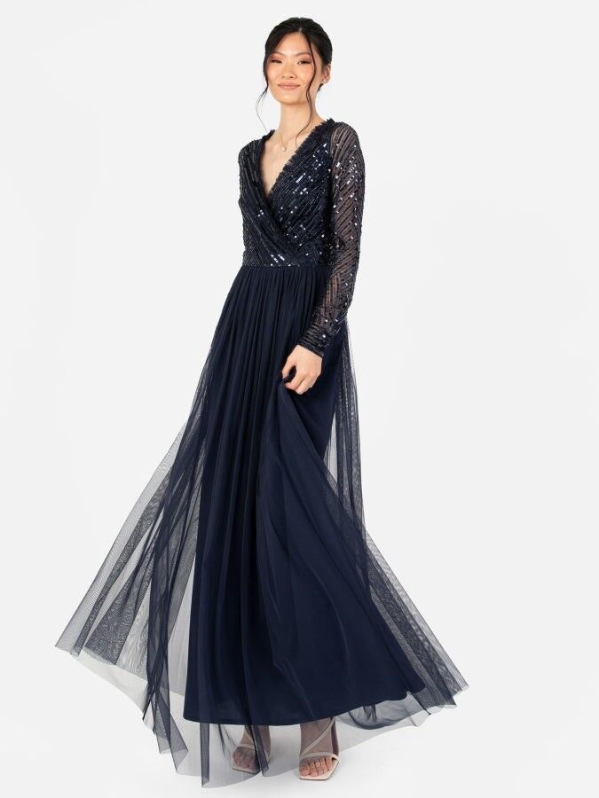 Vestido largo con corpiño cruzado falso y adornos de rayas azul marino Maya