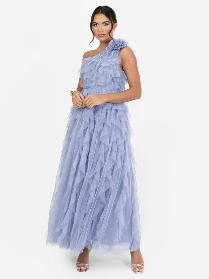 Vestido largo de un solo hombro con cascada azul jacinto reciclado de Anaya With Love