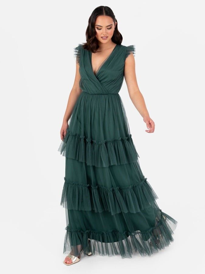 Vestido largo verde esmeralda reciclado con cuello en V y manga corta de Anaya With Love