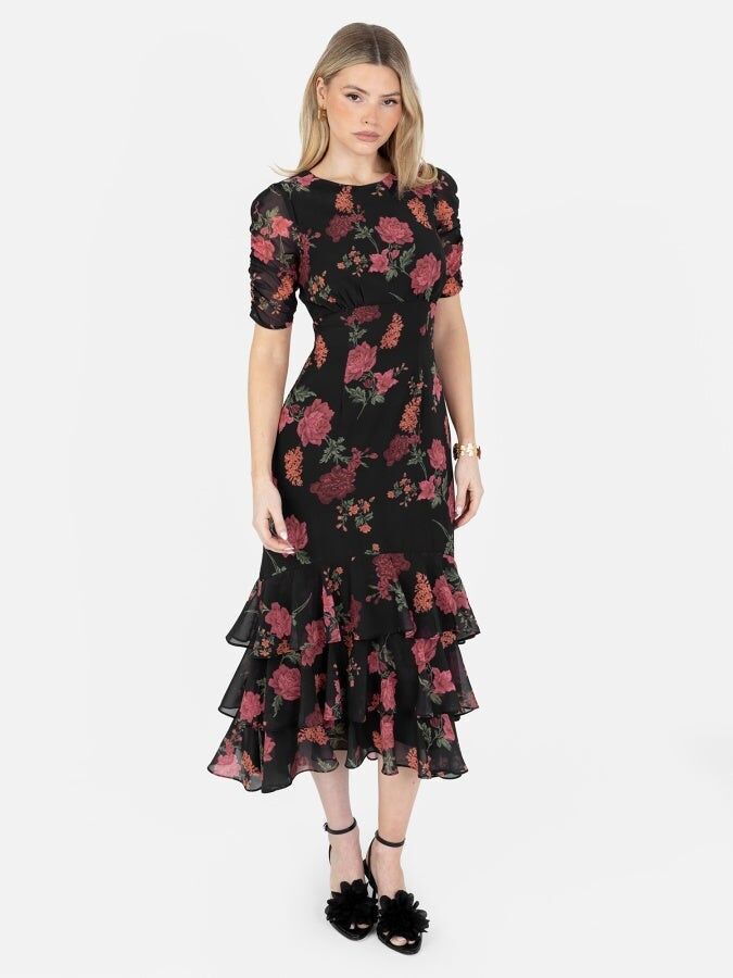 Vestido midi Anaya With Love con estampado floral negro reciclado, mangas cortas fruncidas y abertura en la espalda