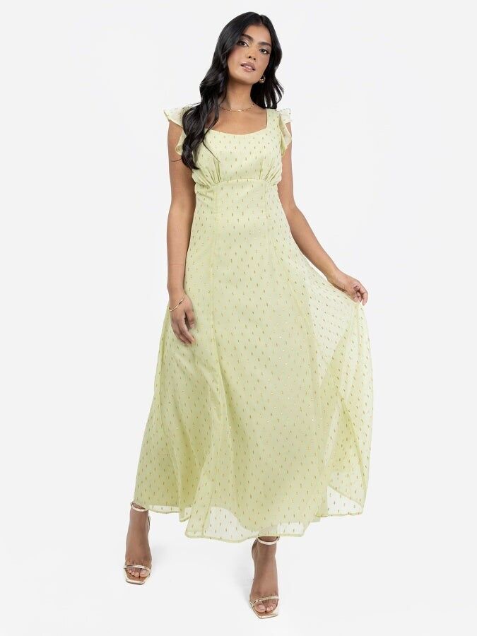 Vestido midi verde primavera reciclado con lazo en la espalda y detalle dorado de Anaya With Love