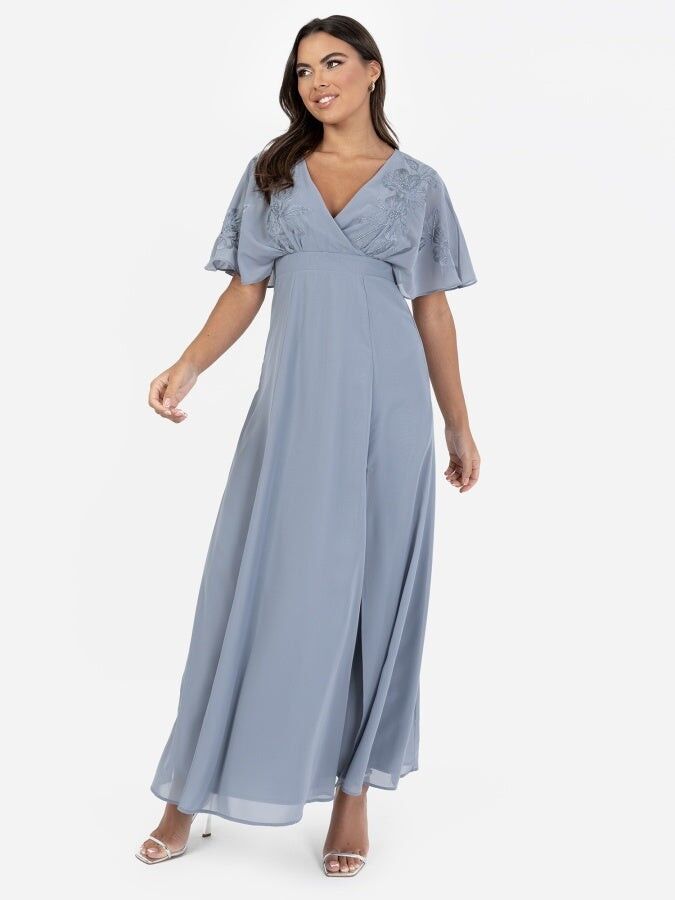 Vestido largo de manga corta con bordado floral azul polvoriento Maya