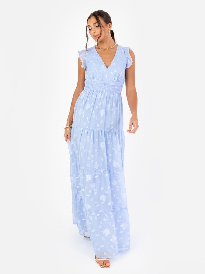 Vestido largo con cuello en V y mangas onduladas con estampado floral azul claro Maya