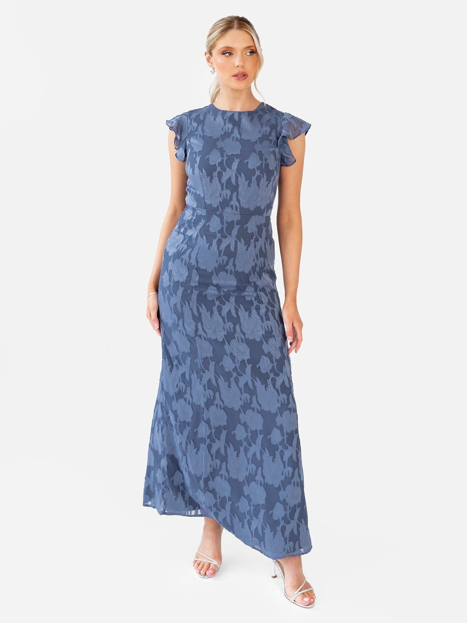 Vestido largo azul tormenta con mangas onduladas y espalda anudada de Anaya With Love