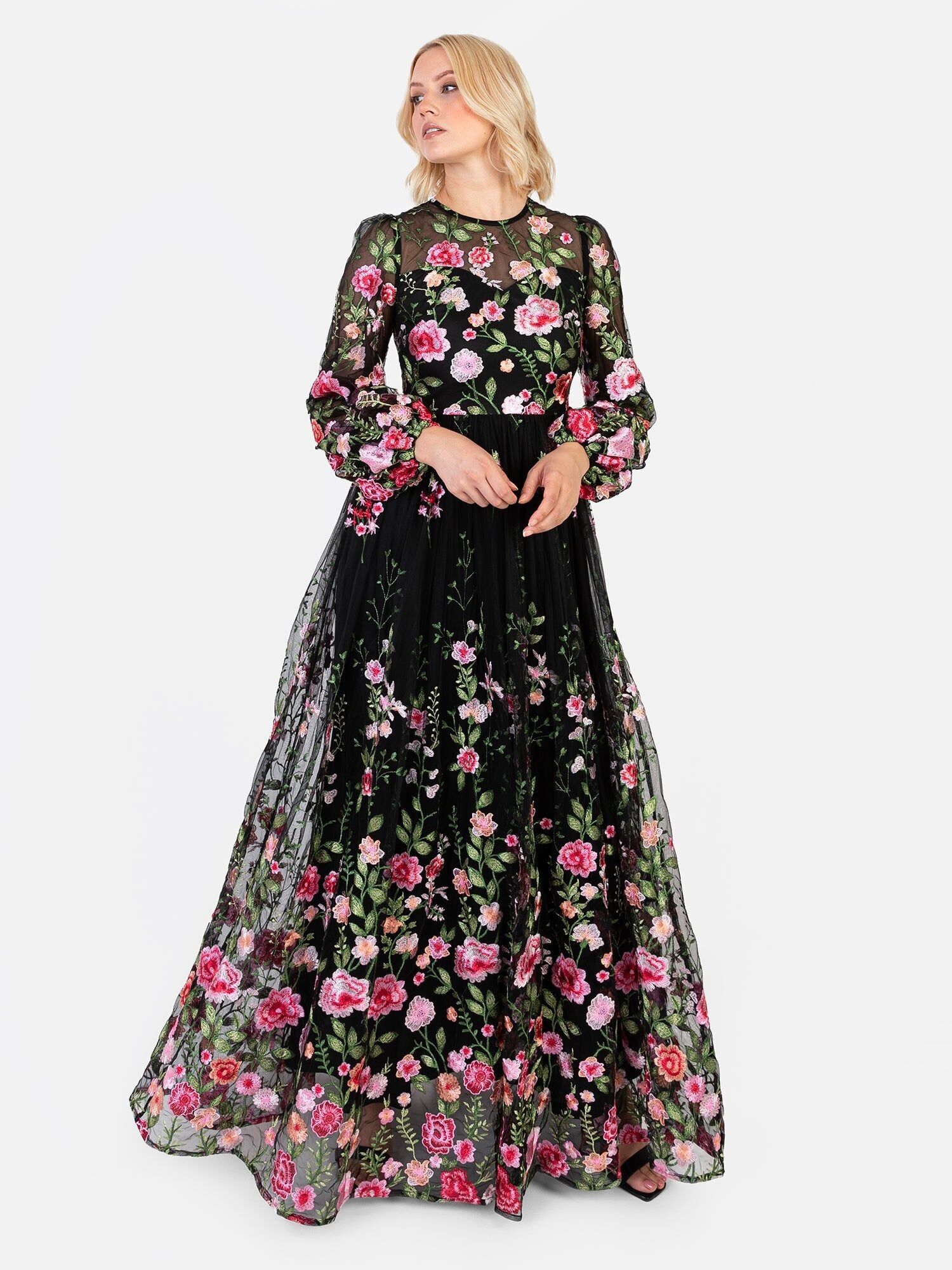 Vestido largo con mangas abullonadas y bordado floral Maya