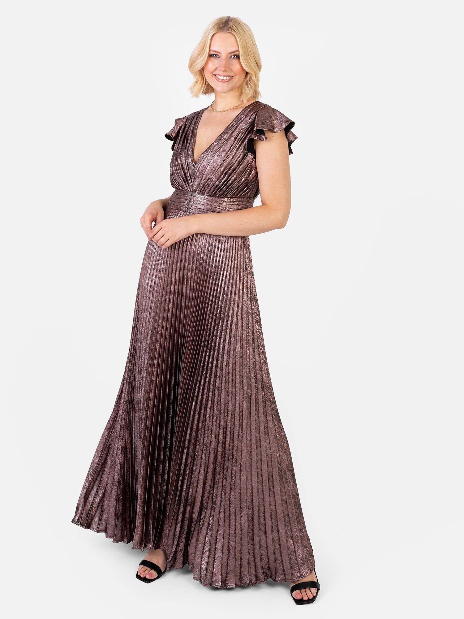 Maya Metallic Flatter Sleeve V Neck Plissee Maxikleid