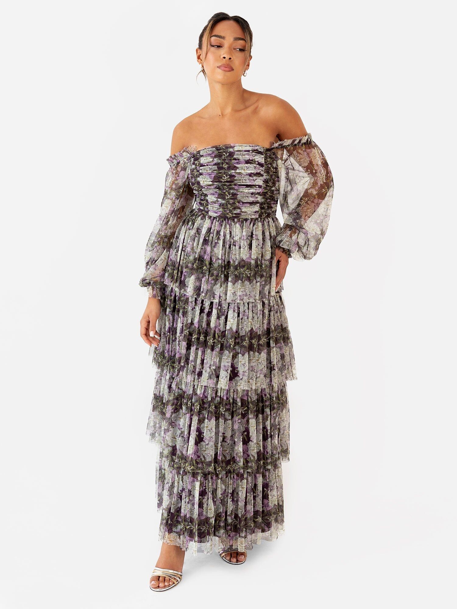 Vestido largo con escote Bardot y mangas largas con estampado floral de Anaya With Love