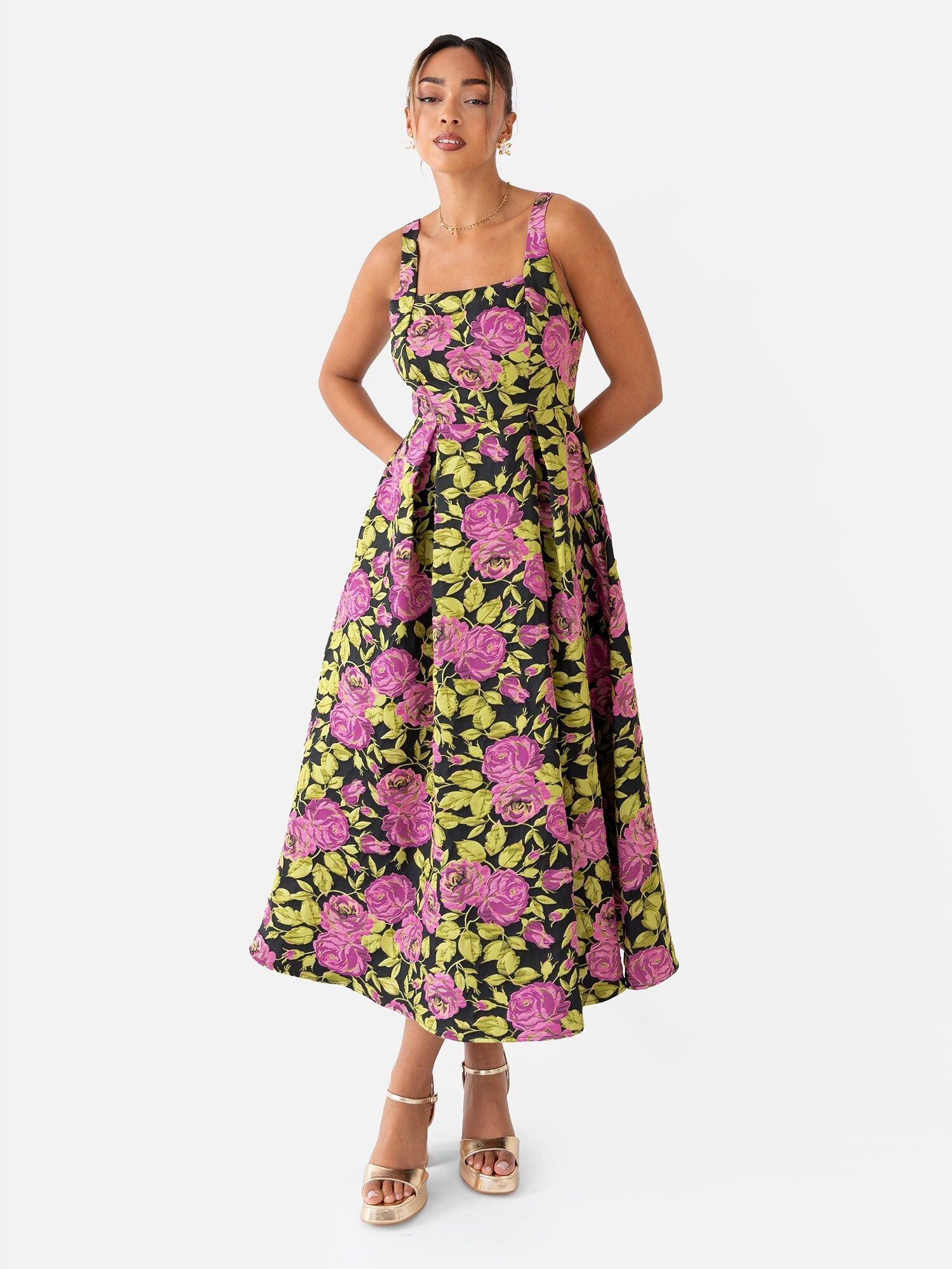 Vestido midi con escote cuadrado, tirantes y bolsillos en jacquard floral Maya