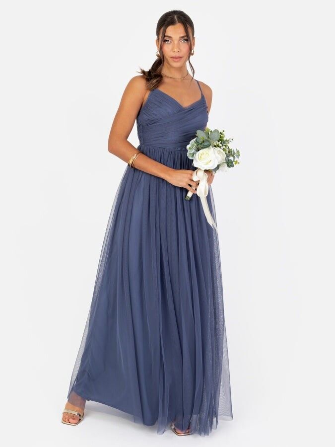 Vestido largo de tirantes azul índigo reciclado con detalle de lazo de Anaya With Love