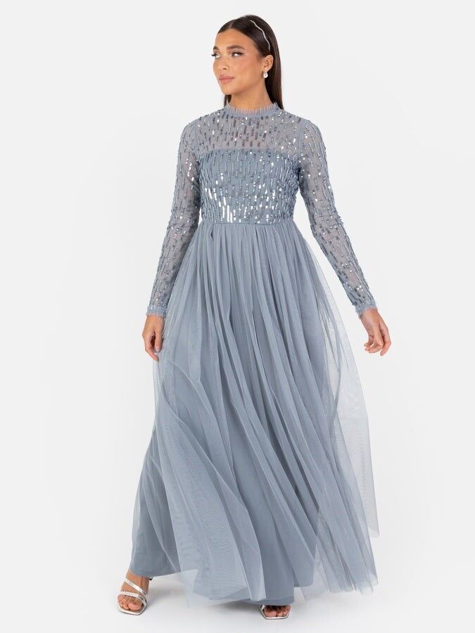 Vestido largo de manga larga con adornos lineales en azul polvoriento Maya