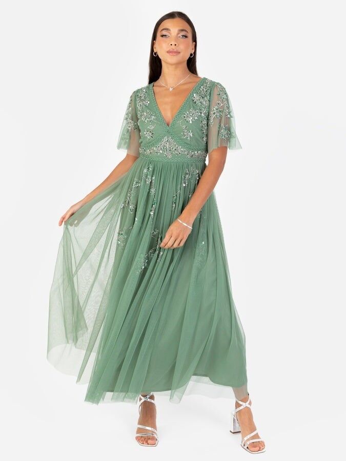 Vestido midi de manga corta con motivo floral verde salvia oscuro Maya
