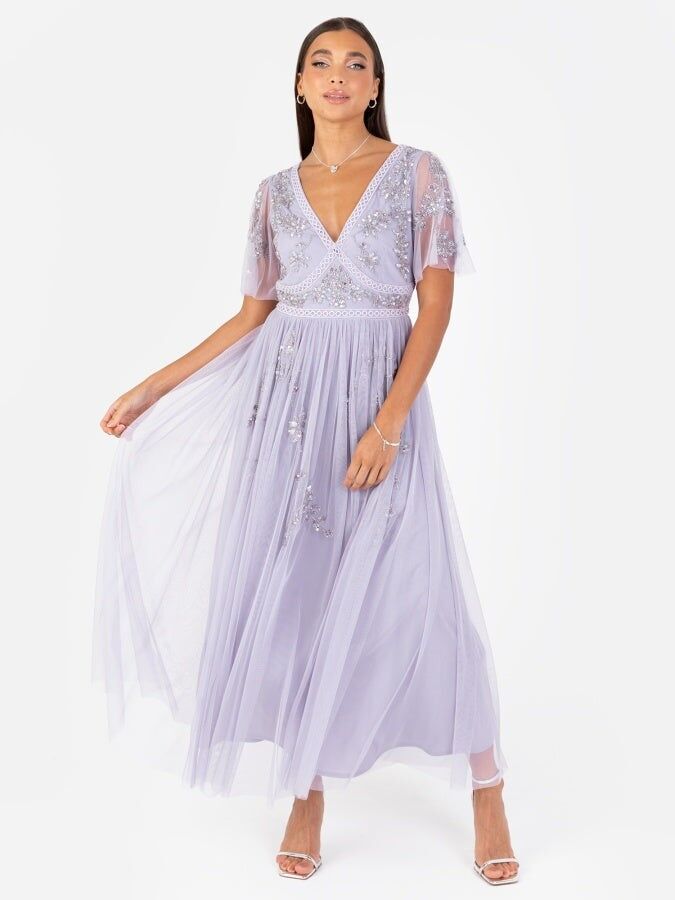 Vestido midi de manga corta con motivo floral lila Maya Thistle