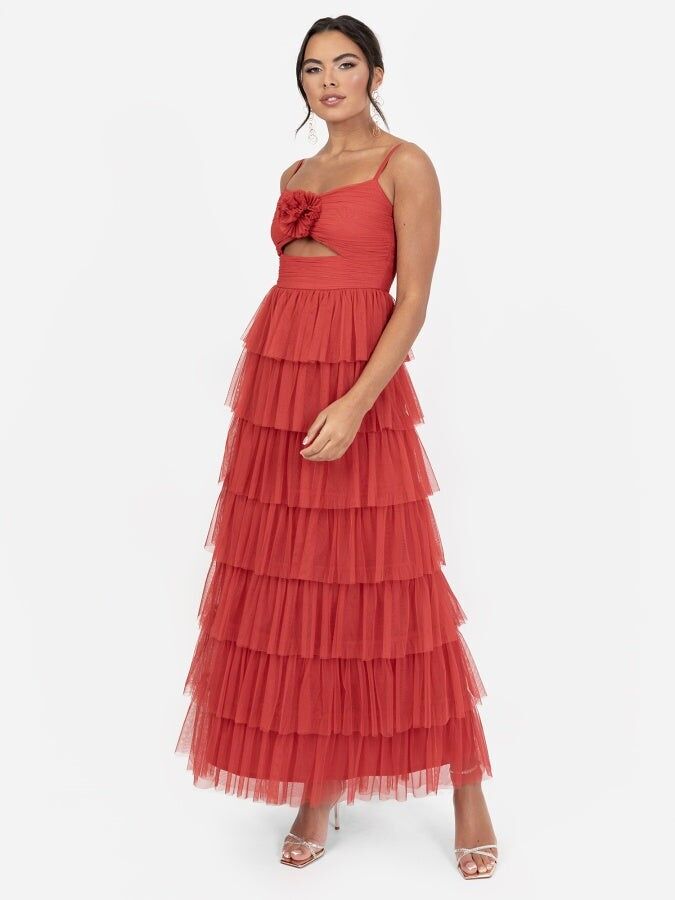 Vestido largo camisola escalonado con detalle de corpiño rojo reciclado de Anaya With Love