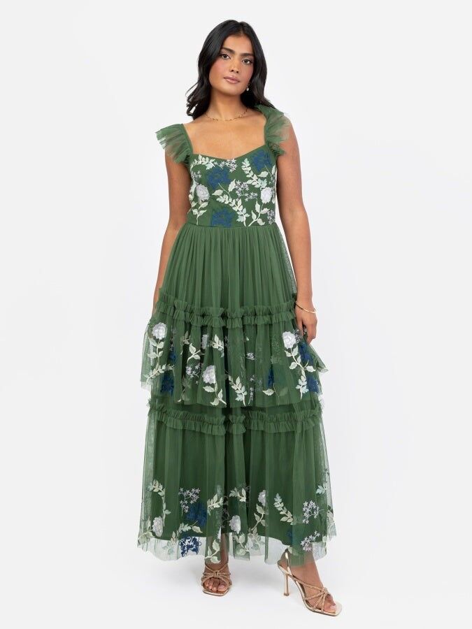 Vestido midi escalonado con bordado floral verde medio Maya