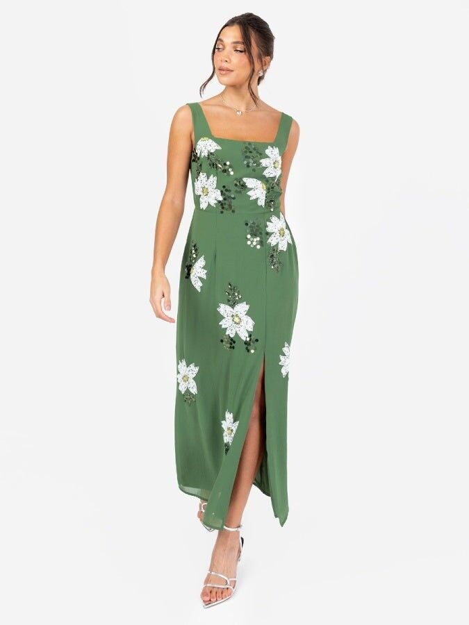 Vestido midi con escote cuadrado festoneado y motivo floral verde medio Maya con abertura