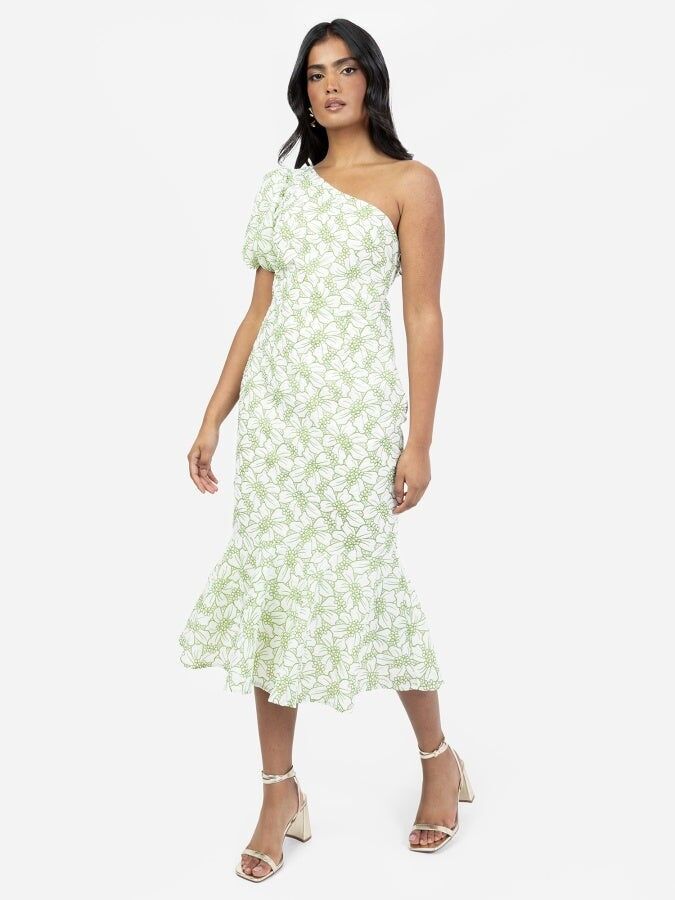 Vestido midi peplum con mangas abullonadas y un hombro floral Maya