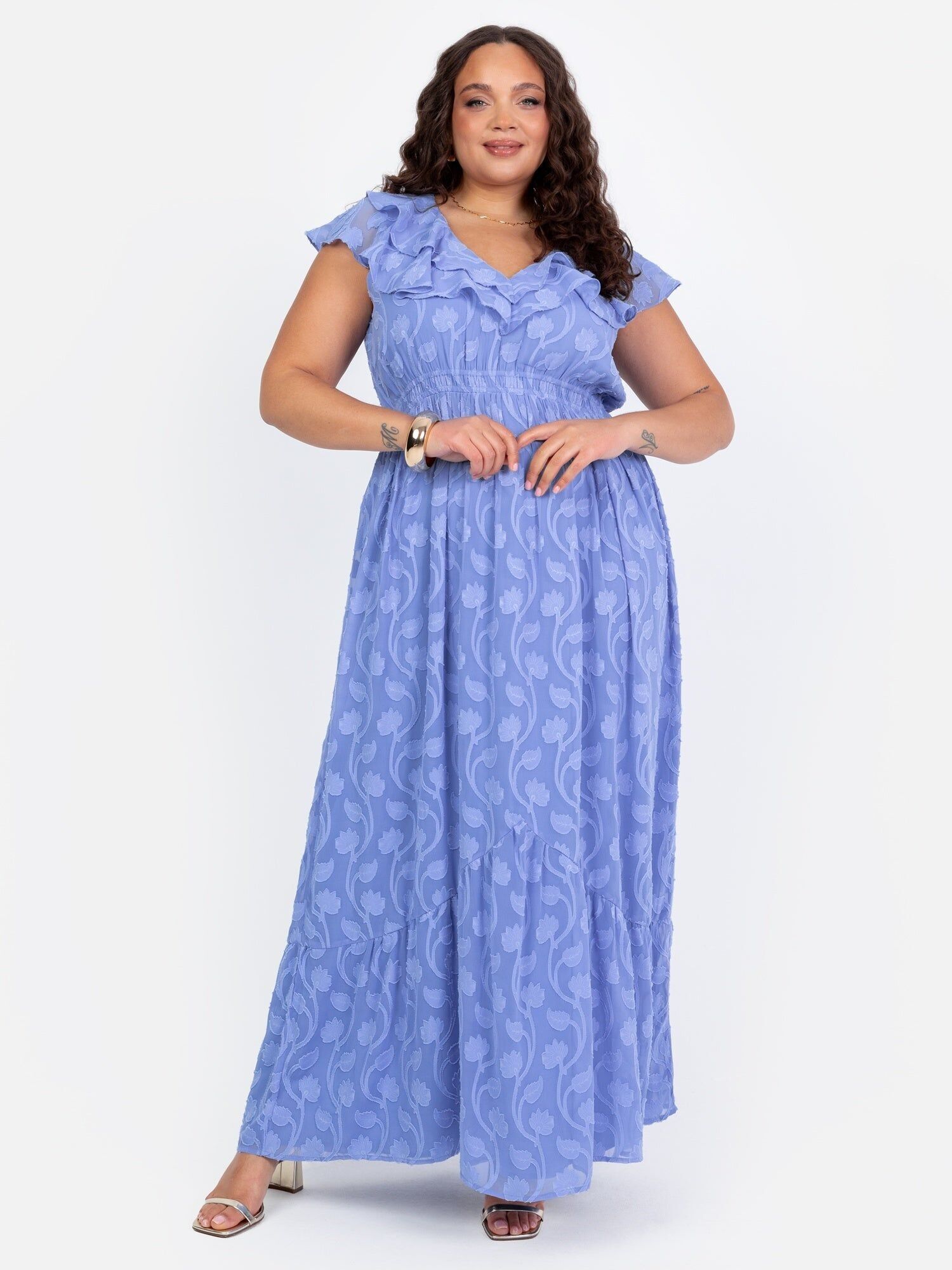 Vestido largo azul con cuello en V y estampado floral desgastado de Lovedrobe