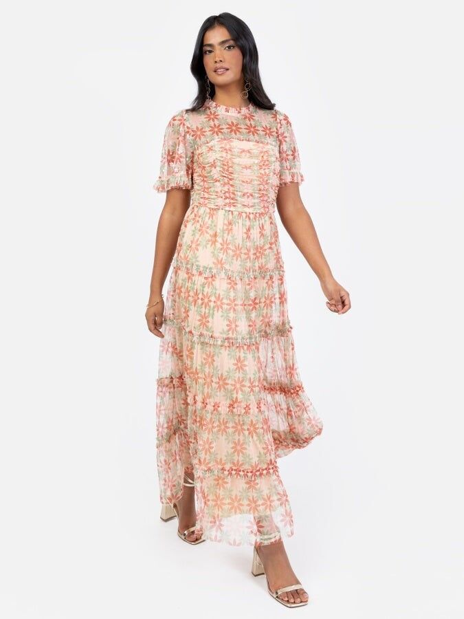 Vestido midi fruncido con estampado floral reciclado y detalle de lentejuelas de Anaya With Love