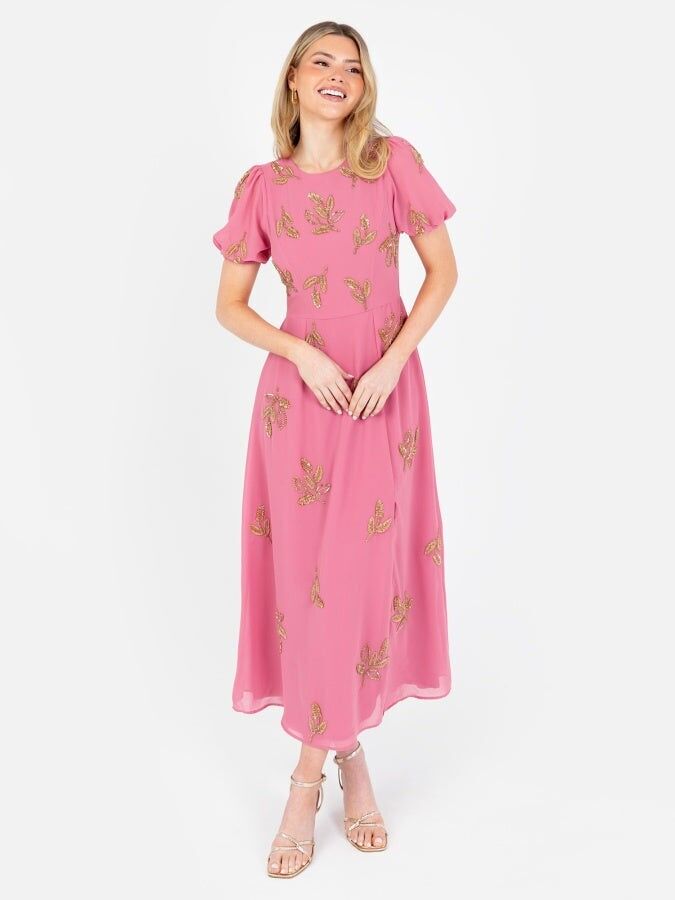 Vestido midi de manga corta con estampado floral rosa Maya Rosey y espalda con abertura con lazo