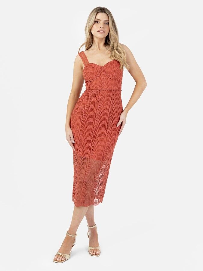 Vestido midi de encaje con tiras color óxido Maya