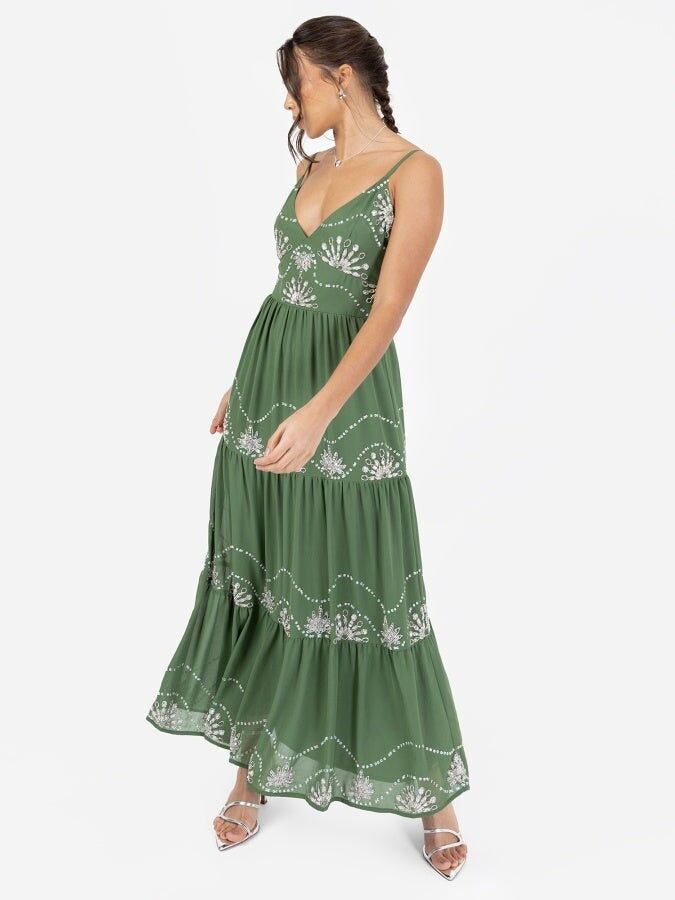 Vestido midi de tirantes con adornos en verde Maya
