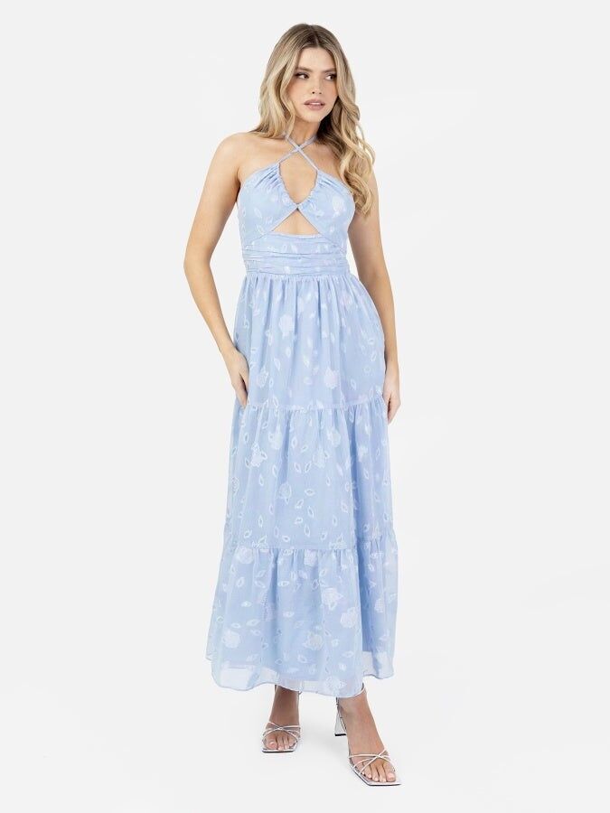 Vestido midi cruzado con cuello halter y estampado floral iridiscente en azul maya