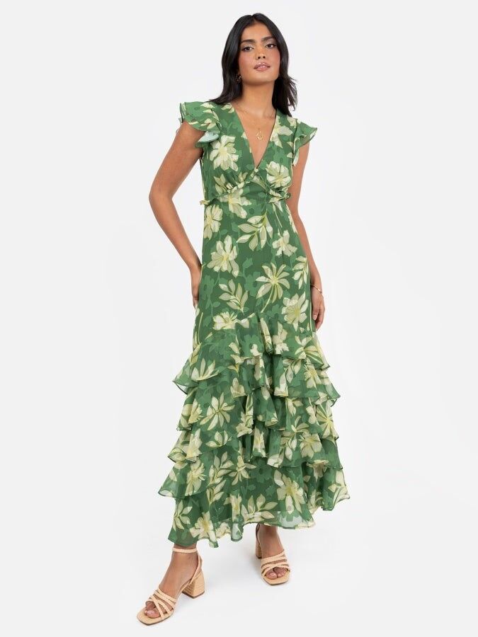 Vestido midi con volantes y estampado floral verde reciclado de Anaya With Love