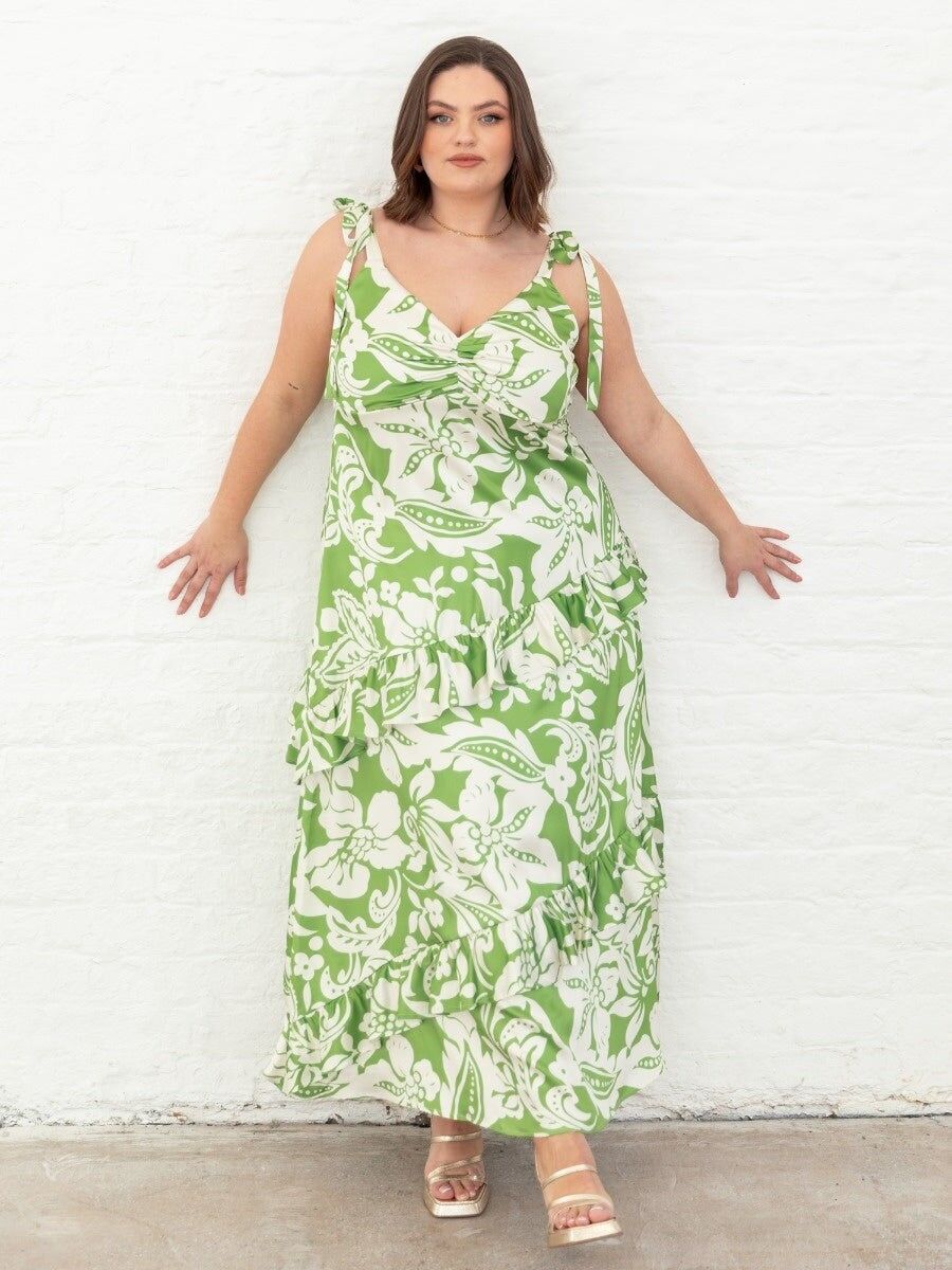 Vestido midi con detalle de volantes y lazo floral en los hombros de Lovedrobe