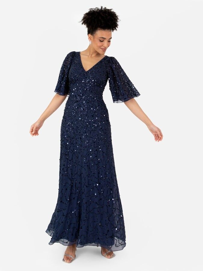Vestido largo con mangas de ángel y adornos de color azul marino Maya