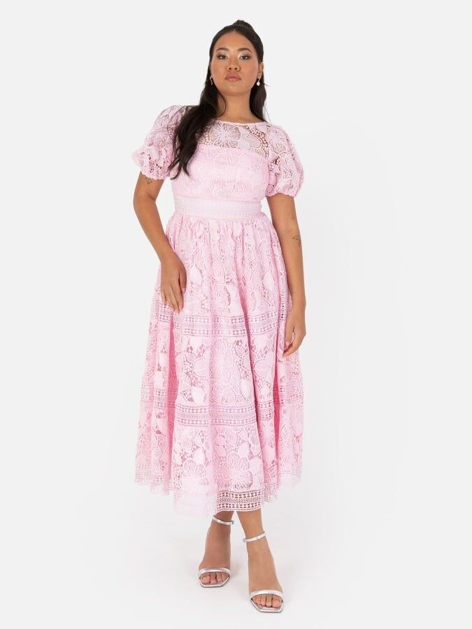Vestido midi de encaje floral premium rosa Maya con espalda con cordones