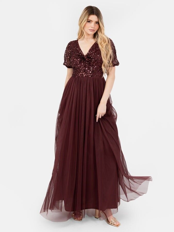 Maya Cranberry Maxikleid mit Verzierungen, kurzen Ärmeln und Twist-Oberteil