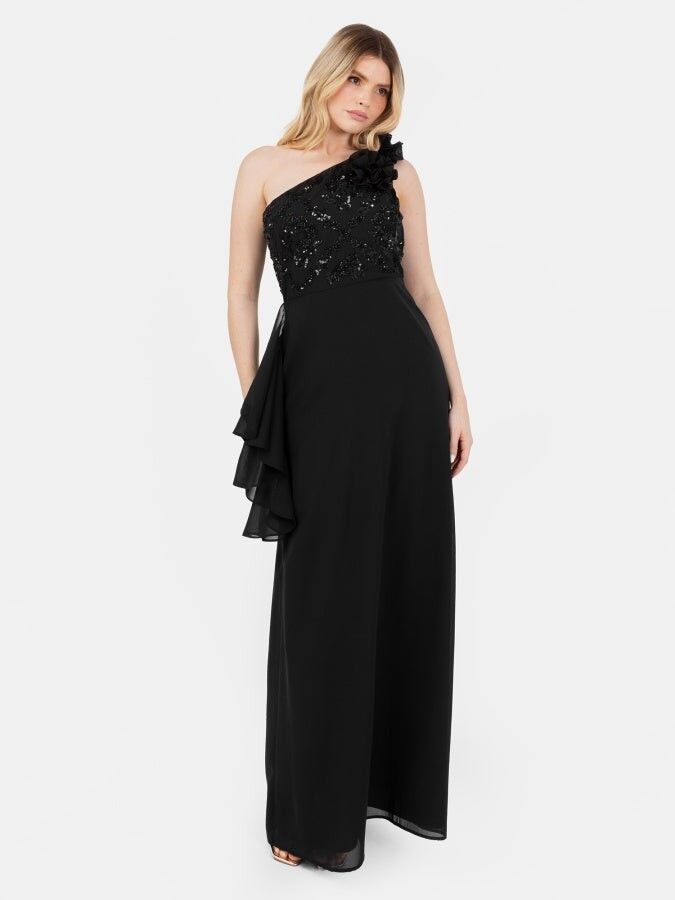 Schwarzes, verziertes Maya-Maxikleid mit One-Shoulder-Schulter und Rosettenverzierung