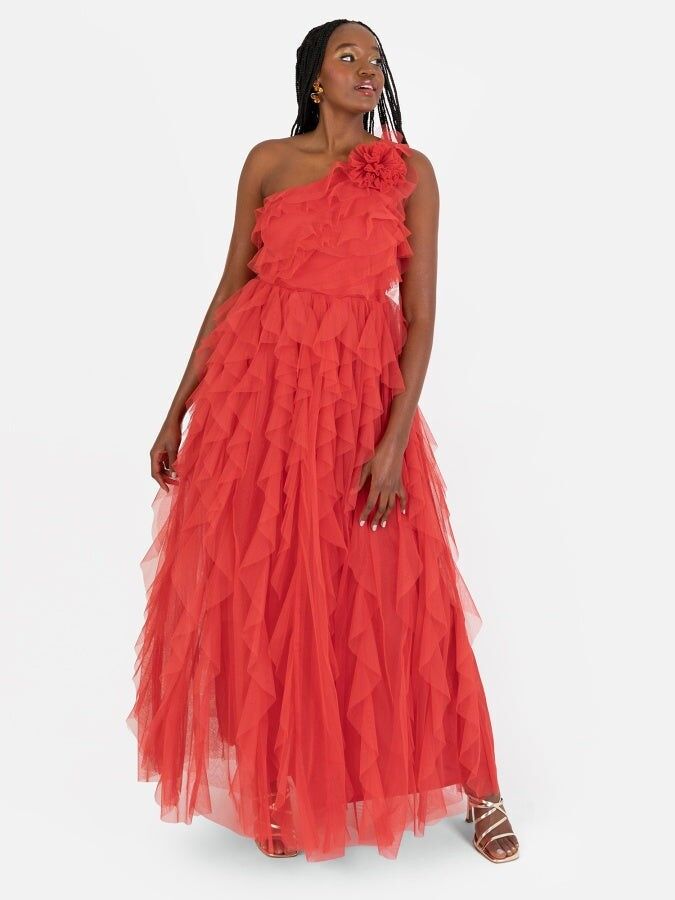 Vestido largo de un solo hombro con cascada roja reciclada de Anaya With Love