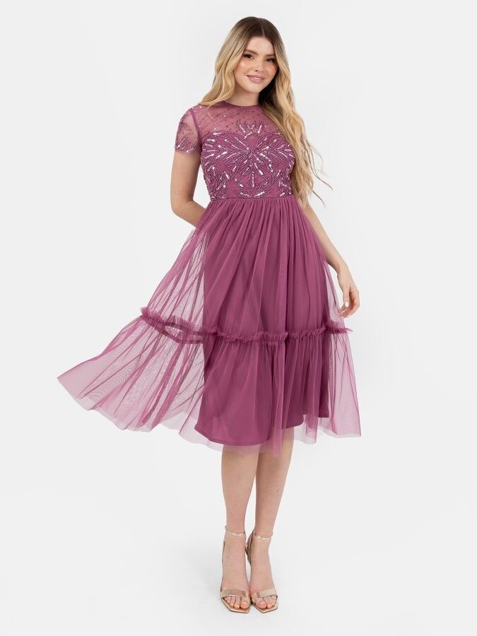 Maya Lila verziertes Kurzarm-Midikleid