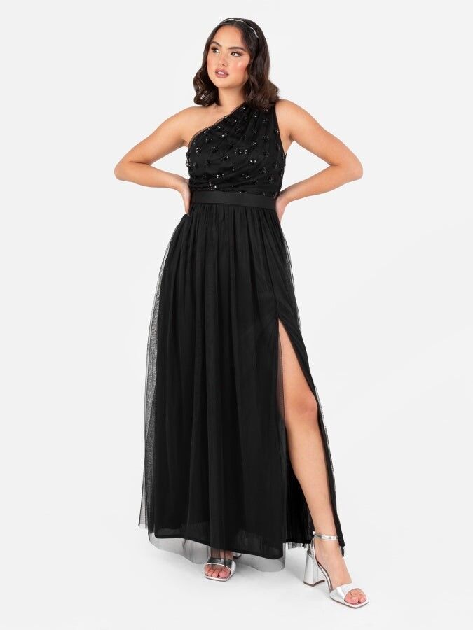 Vestido largo Maya de un solo hombro con adorno floral y cinturón