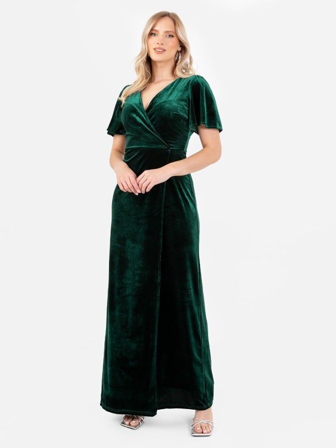 Vestido largo cruzado de imitación de terciopelo verde esmeralda Maya