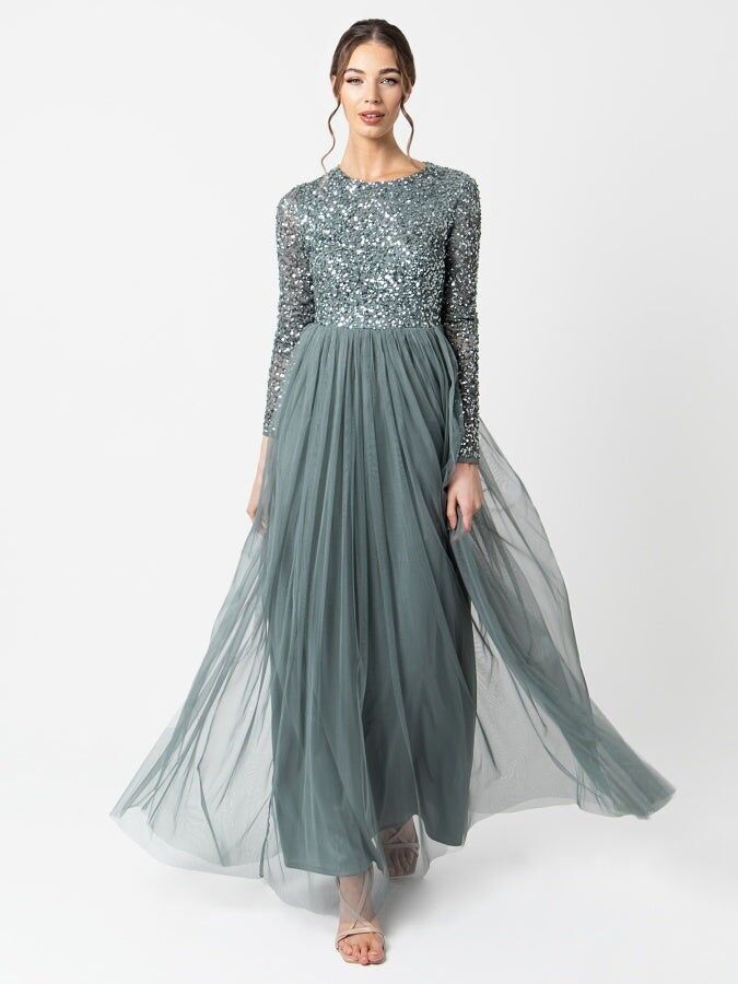 Vestido largo de manga larga adornado en verde brumoso Maya