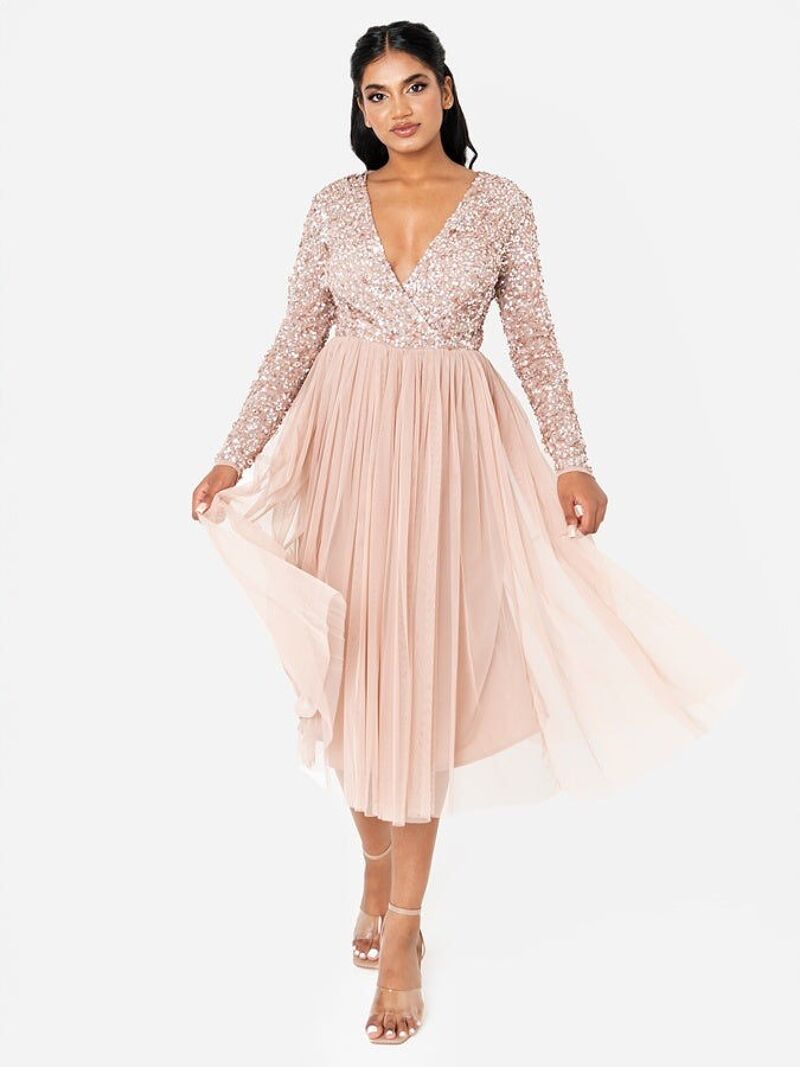 maya bridesmaid delicate sequin wrap maxi dress in taupe blush Buy wholesale Faux Front Embellished Midi Long Off-White A-Line Wedding Size:3 YEARS leather brogues shoes