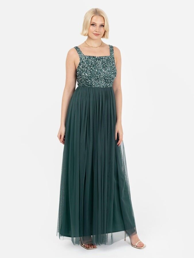 Vestido largo de tirantes adornado en verde esmeralda Maya