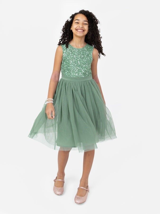 Minivestido midi Maya verde oscuro con lentejuelas delicadas y lazo