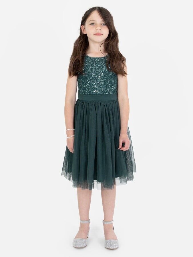 Vestido midi de lentejuelas delicadas verde esmeralda Mini Maya con lazo