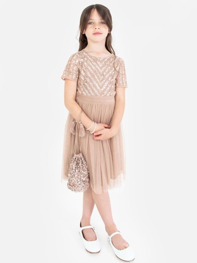 Vestido midi con lazo y rayas en color topo Maya