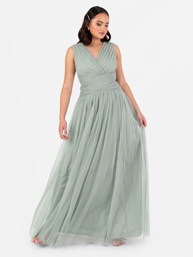 Vestido largo verde escarchado reciclado con cuello en V y sin mangas de Anaya With Love