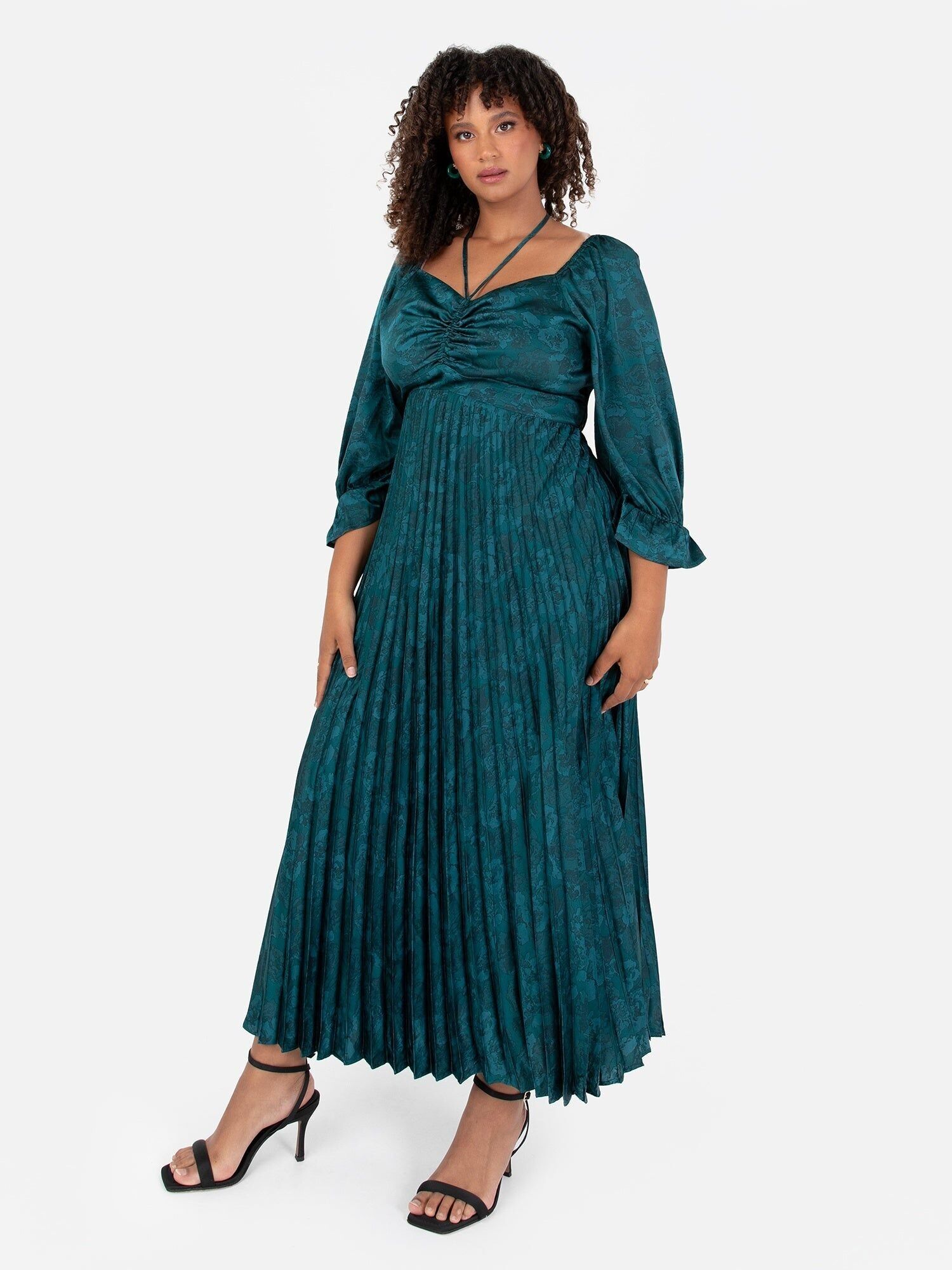 Vestido midi plisado de satén con lazo en el cuello de lujo de Lovedrobe