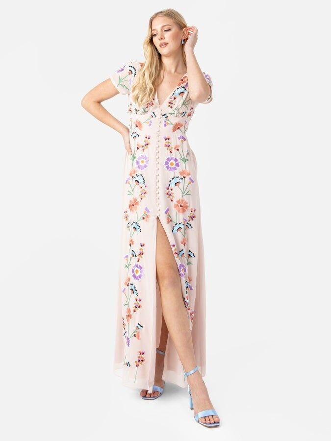 Vestido largo con bordado floral Maya y botones falsos en la parte delantera