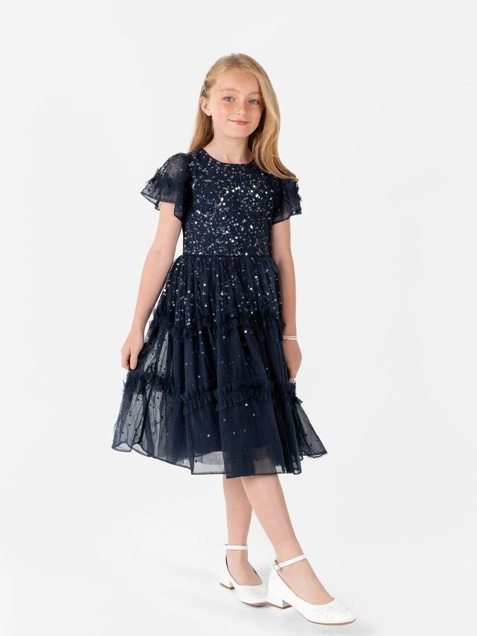 Vestido midi mini azul marino con adornos mayas