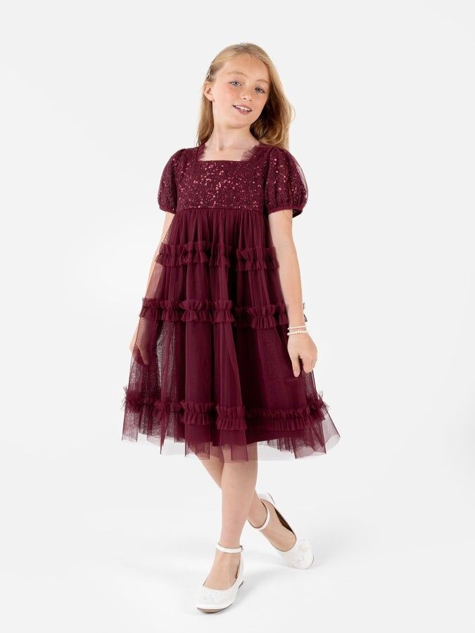Mini Maya rotes Midikleid mit eckigem Ausschnitt und Verzierungen